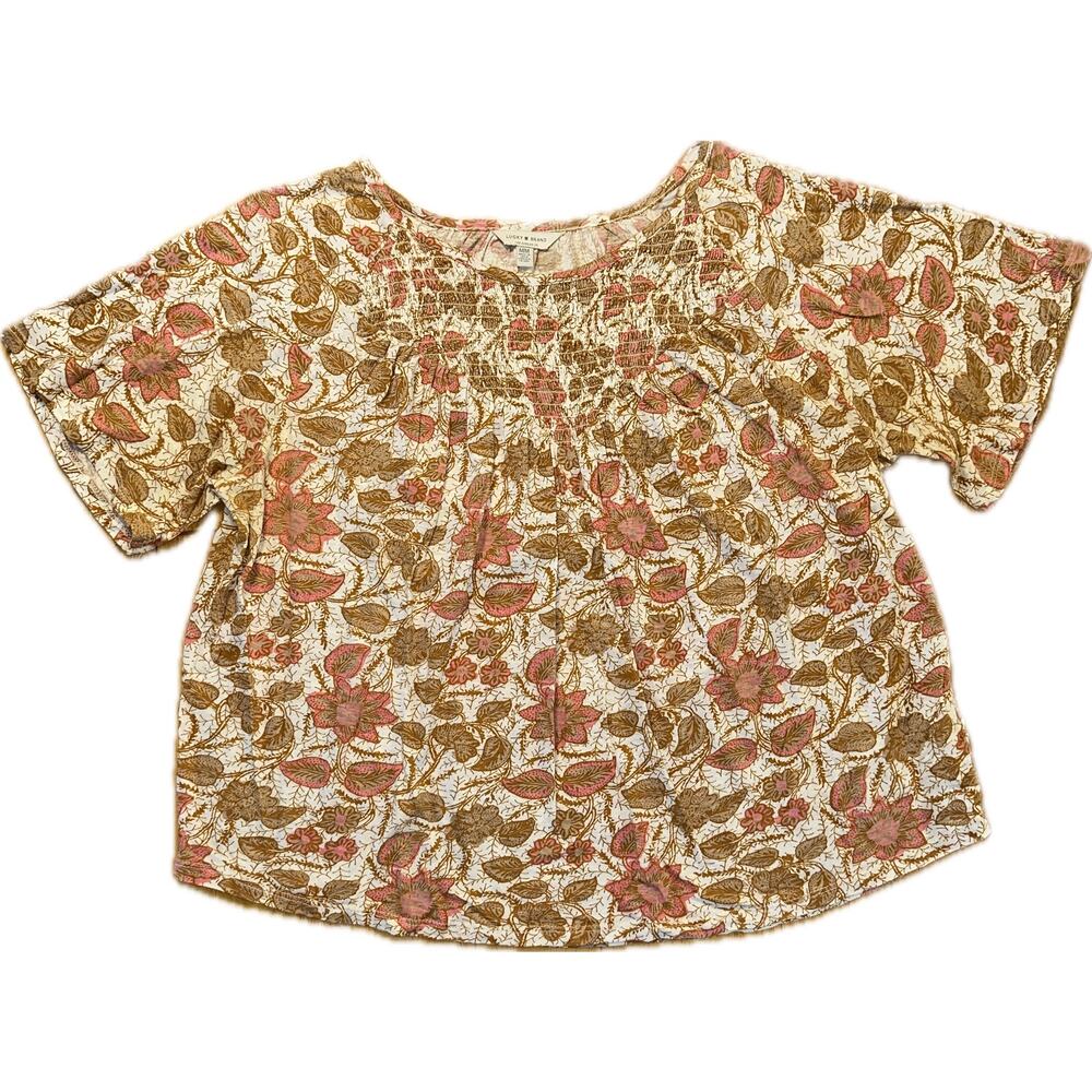Lucky Brand Women's Peach Floral Peasant‎ Blouse M Boho Short Sleeve